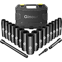 Juego de Llaves de Vaso de Impacto- Ginour 19PCS Vasos de Impacto- Profundo de 1-2&quot-- Máximo 6 Puntos Torque- 3- 5- 10…
